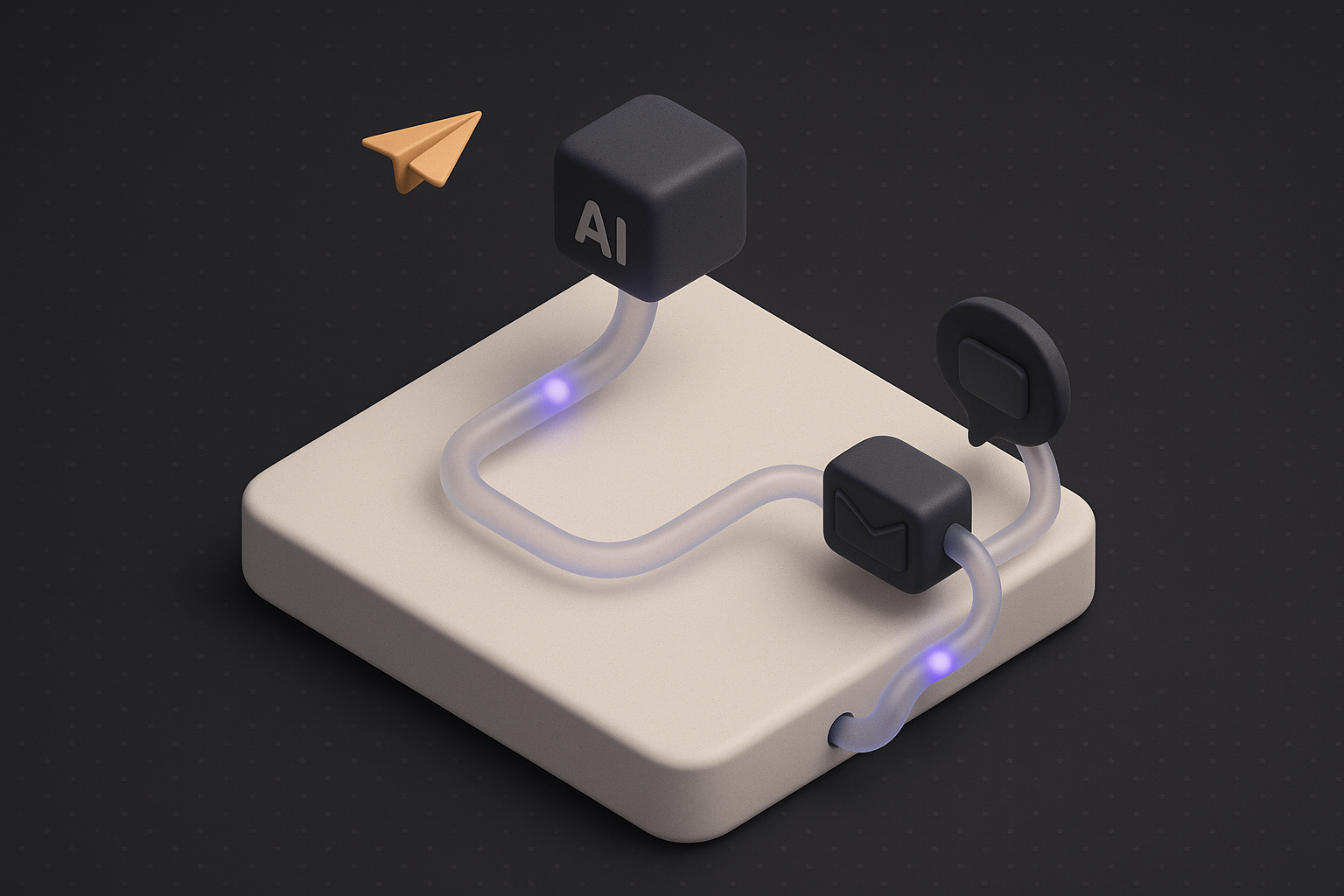 Isometric 3D illustration of a white messaging-infrastructure chip-board with an AI agent module floating above it, connected by glowing violet cables to message and mail satellite modules