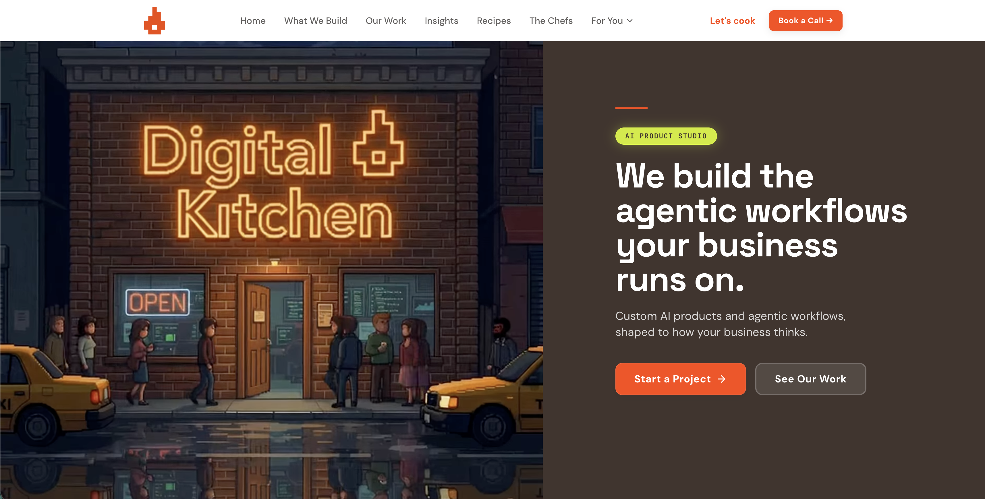 Digital Kitchen homepage showing the headline 'We build the agentic workflows your business runs on'