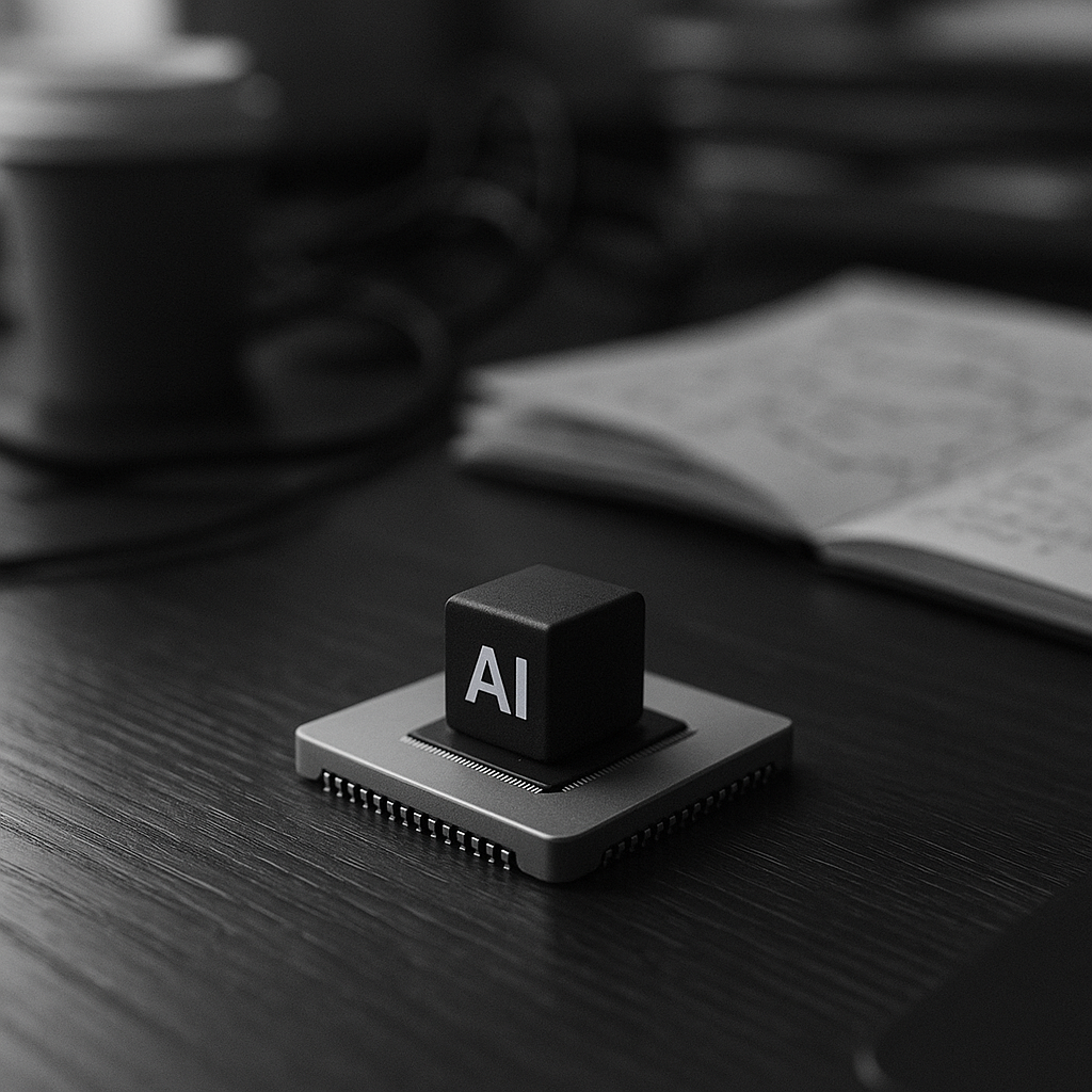 Black and white close-up photograph of a small AI chip in sharp focus on a desk; in the blurred background, stacks of papers, cables, and an open notebook full of handwritten flowcharts