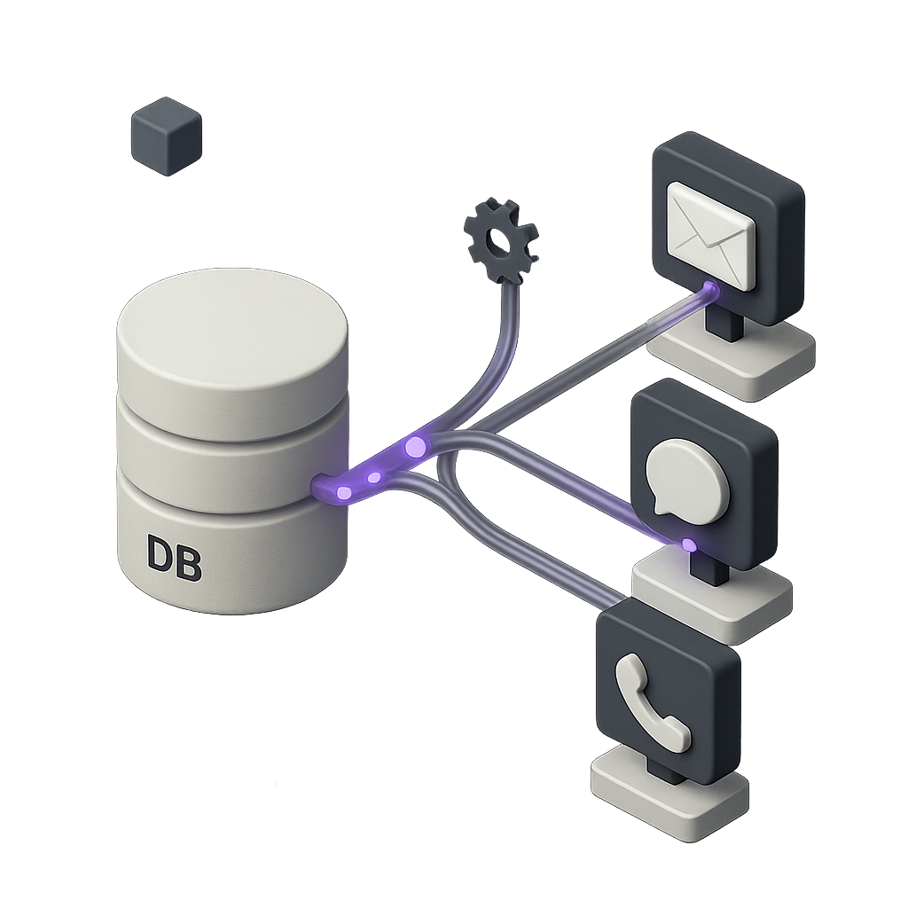 A 3D database cylinder on the left connected by translucent tubes with violet pellets to three communication channels on the right (email, message, phone), with a workflow gear hovering above; one input, multichannel output