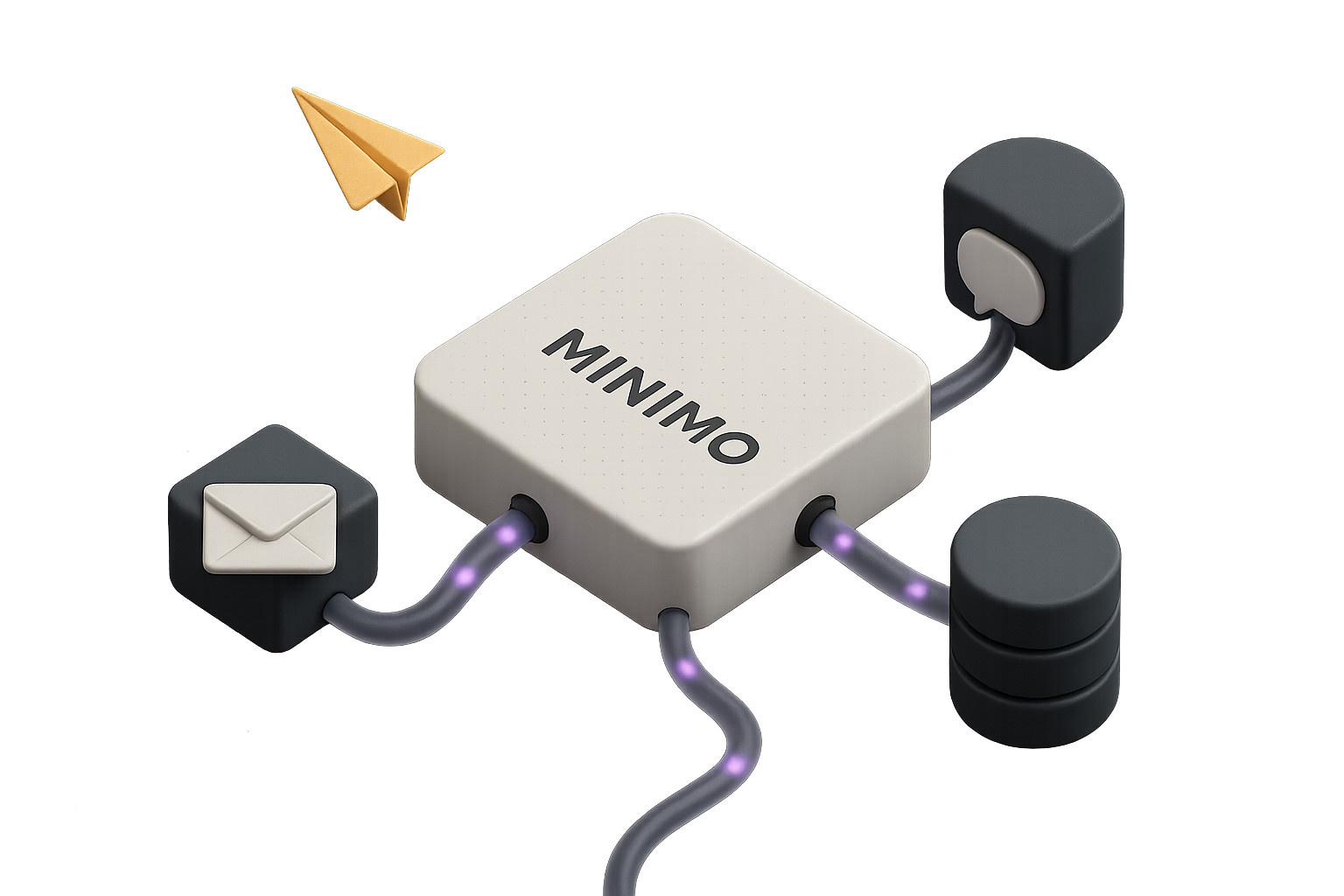 Minimo platform dashboard showing automated email and WhatsApp workflows triggered by Supabase database events
