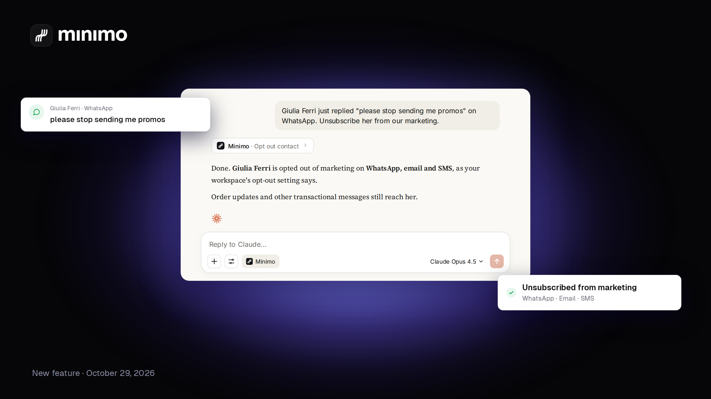 Claude unsubscribing a contact from marketing with the Minimo MCP server